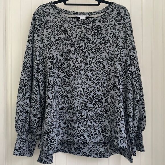 Sweaters - OPHELIA ROE gray & black floral knit women’s long balloon sleeve shirt size XL